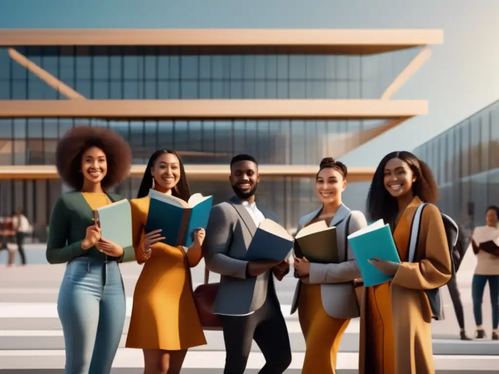 Estudiantes diversos frente a universidad futurista Estudiantes diversos frente a una universidad futurista, simbolizando innovaciones educativas y acceso para estudiantes desfavorecidos