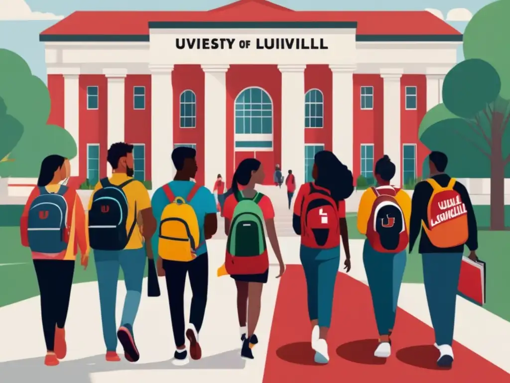 Estudiantes diversos caminando hacia la Universidad de Louisville Estudiantes diversos caminan hacia la Universidad de Louisville, promoviendo procesos de admisiones universitarias inclusivas