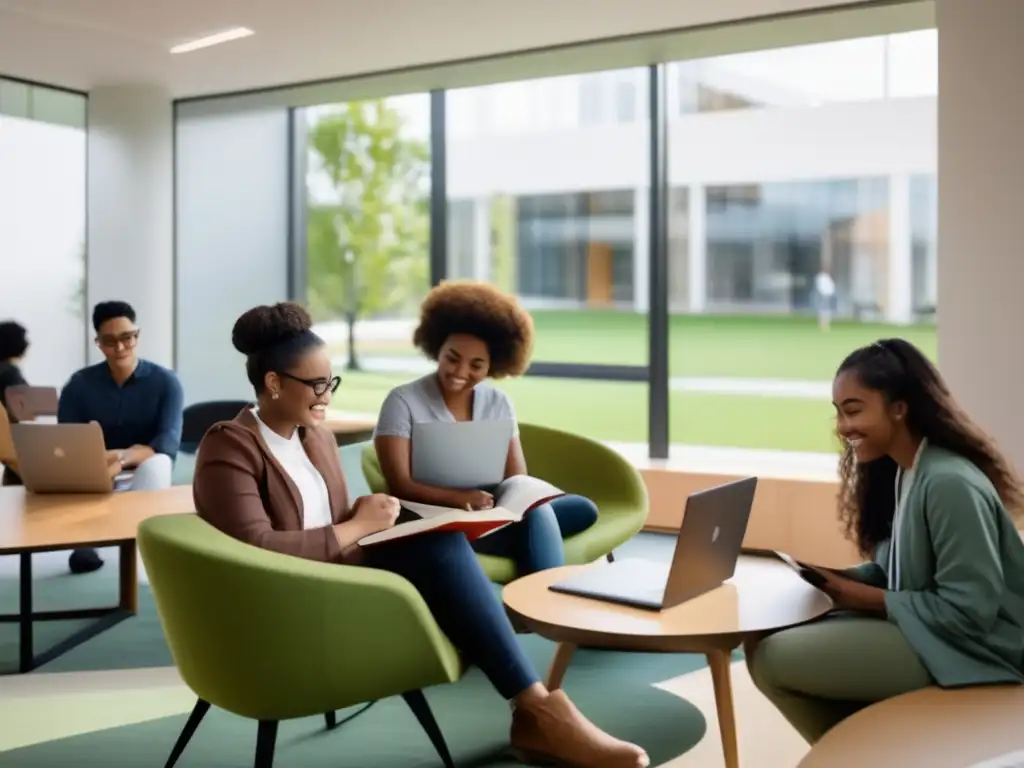 Diversidad y estudio en grupo Estudiantes diversos en moderno espacio de estudio, reflejando equidad y transparencia en la Ley de equidad en admisiones universitarias
