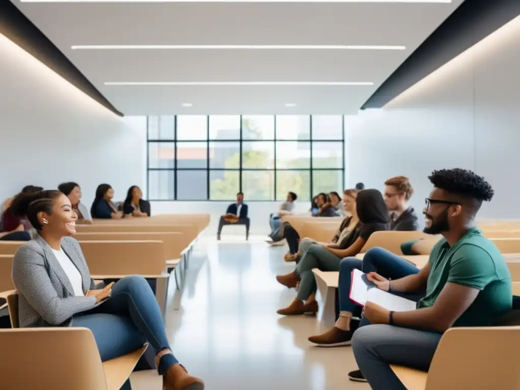 Estudiantes de Columbia en animada discusión Estudiantes diversos en una sala de conferencias en la Universidad Columbia, discutiendo y tomando notas