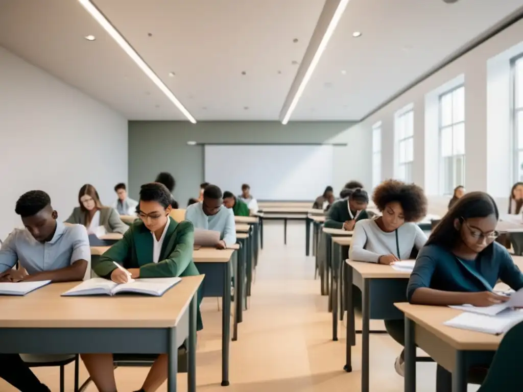 Estudiantes concentrados en examen Estudiantes diversos en un salón espacioso, con muebles modernos y decoración minimalista