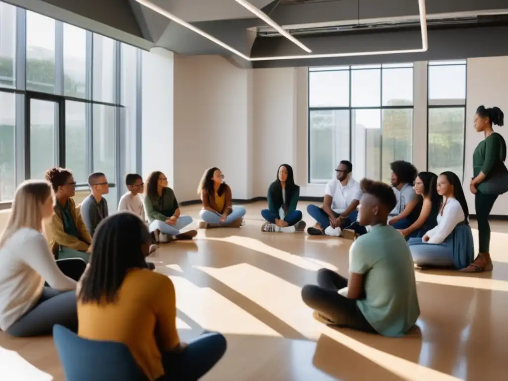 Inclusión y colaboración en educación Estudiantes diversos en sesión de mentoría, inclusión y acción afirmativa