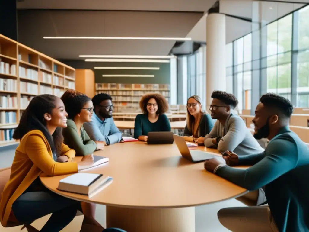 Estudiantes diversos colaborando en biblioteca Estudiantes divers@s en biblioteca universitaria: Proceso de admisiones universitarias equitativas