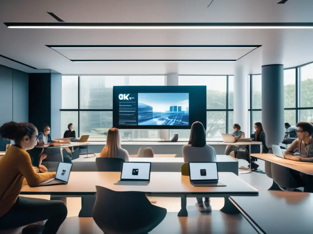Estudiantes entusiastas en aula futurista Estudiantes entusiasmados en un aula futurista, representando los exámenes online accesibles a la educación superior