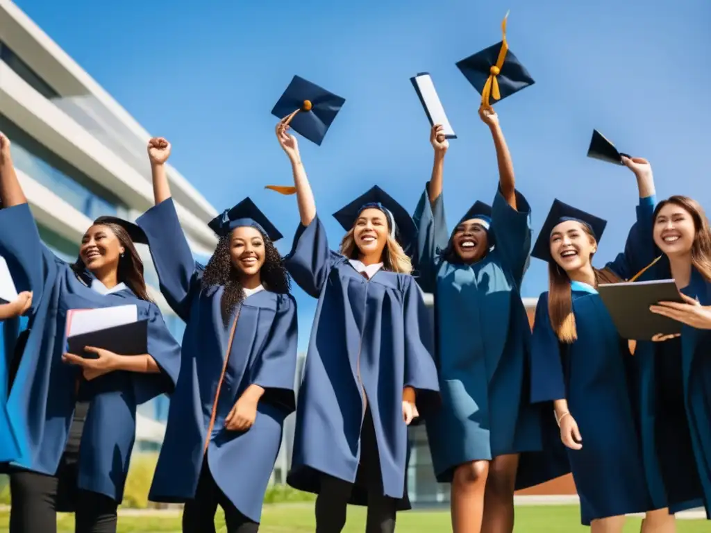 Graduados diversos celebrando logros Estudiantes de diferentes etnias celebrando logros académicos y diversidad en universidades - Estadísticas Acción Afirmativa en Universidades