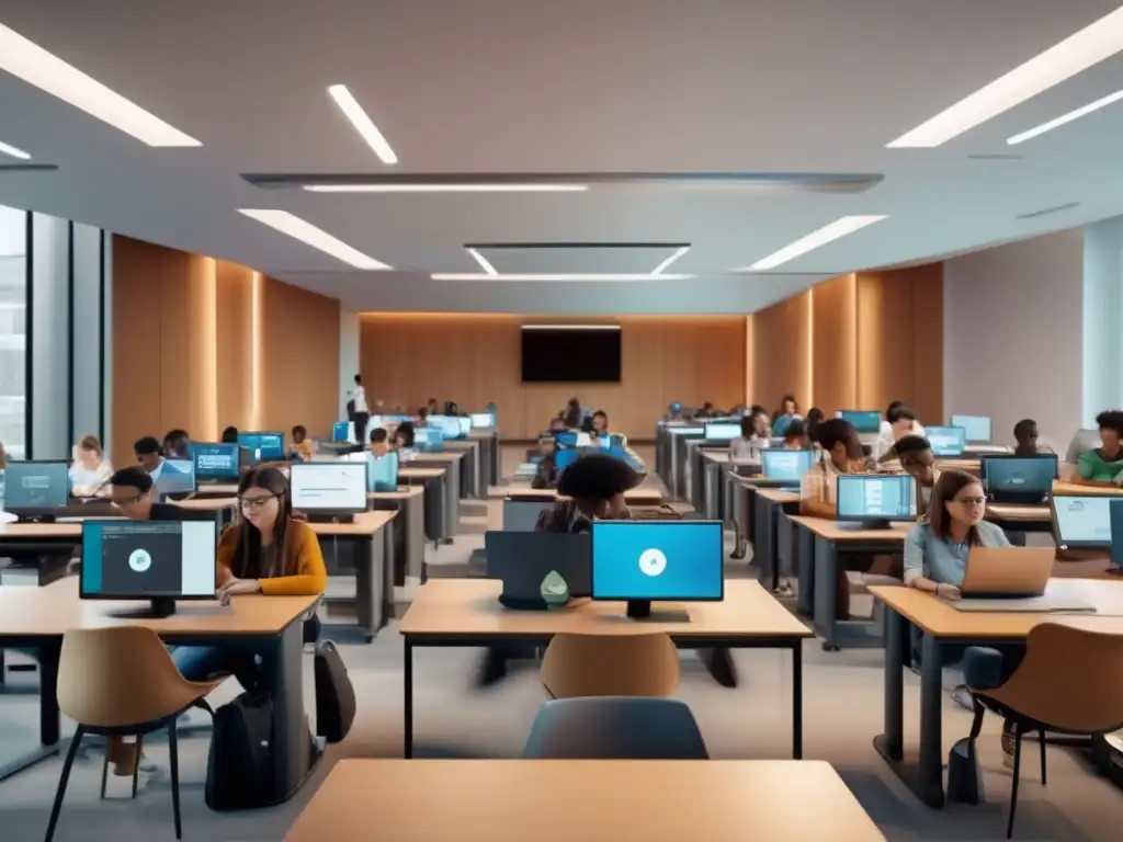 Estudiantes en exámenes digitales personalizados Estudiantes realizando exámenes digitales personalizados en un aula universitaria avanzada