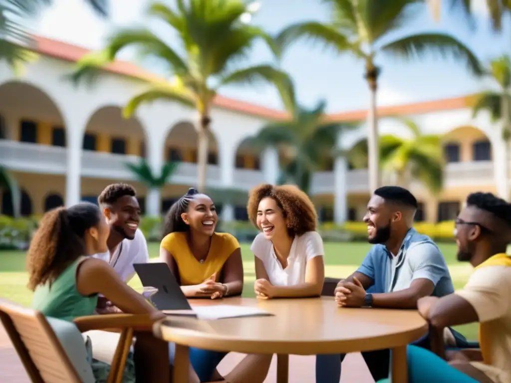 Estudiantes diversos compartiendo en universidad Estudiantes diversos compartiendo experiencias en una universidad del Caribe - Beneficios programas intercambio universidades Caribe