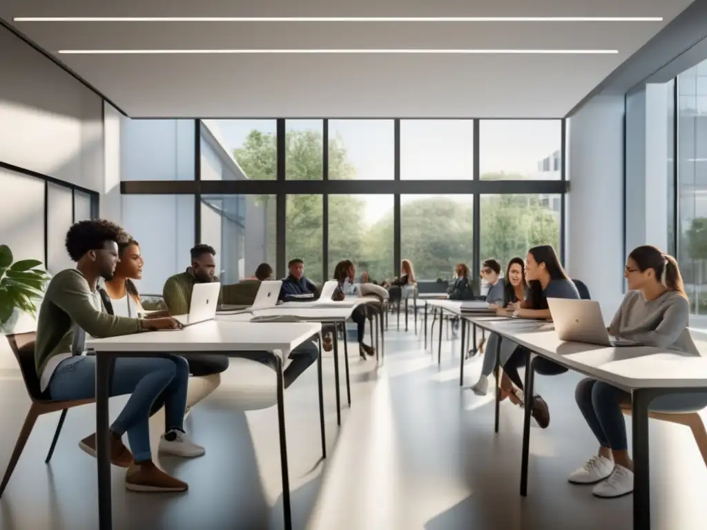 Estudiantes colaborando en aula moderna Estudiantes colaborando y dando feedback constructivo en un aula moderna