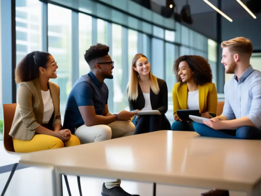 Estudiantes diversos en programa de intercambio de idiomas Estudiantes diversos practicando idiomas en un aula moderna con tecnología - Importancia del multilingüismo en educación