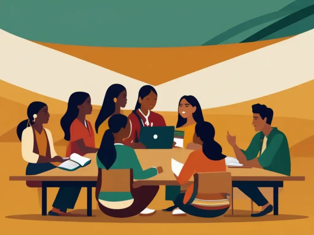 Estudiantes indígenas en discusión Estudiantes indígenas en circulo, fusionando tradición y educación - Guía completa admisiones universitarias comunidades indígenas