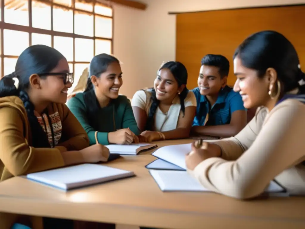 Estudiantes indígenas colaborando Estudiantes indígenas en entorno educativo colaborativo