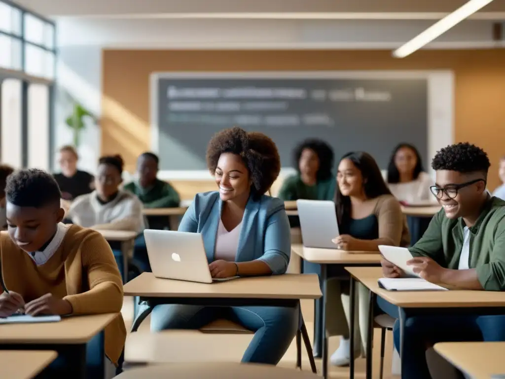 Aula moderna y diversa para estudiantes internacionales Estudiantes internacionales en aula moderna y minimalista, aprendiendo y con ayudas financieras en España