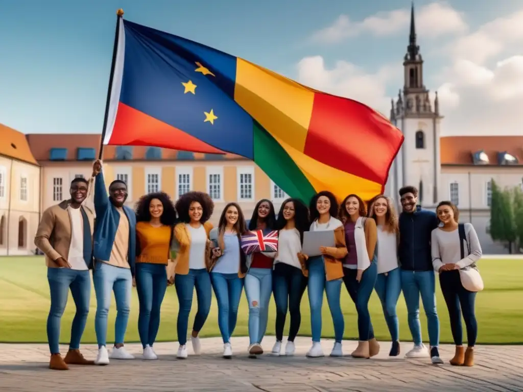 Estudiantes internacionales en campus universitario Estudiantes internacionales con banderas en campus universitario Europeo