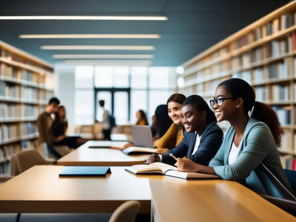 Estudiantes internacionales estudiando juntos en biblioteca moderna Estudiantes internacionales estudiando en una biblioteca universitaria: opciones de trabajo para estudiantes internacionales