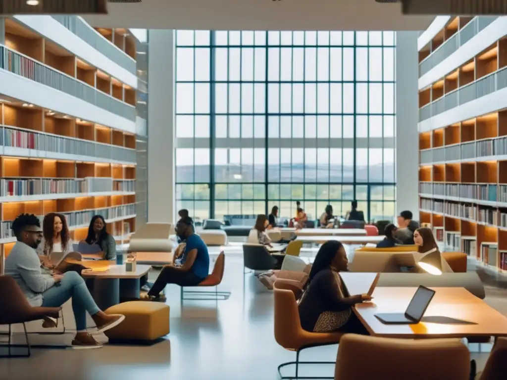 Estudiantes diversos estudian en biblioteca moderna Estudiantes internacionales en biblioteca universitaria moderna