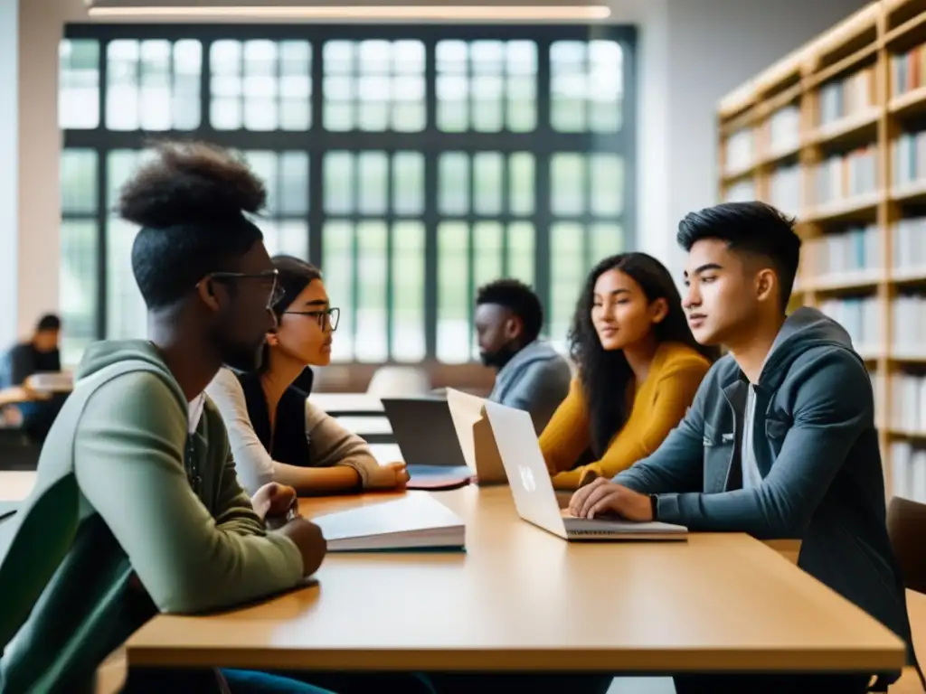 Estudiantes internacionales colaborando en biblioteca Estudiantes internacionales en biblioteca universitaria: Recursos para estudiantes internacionales