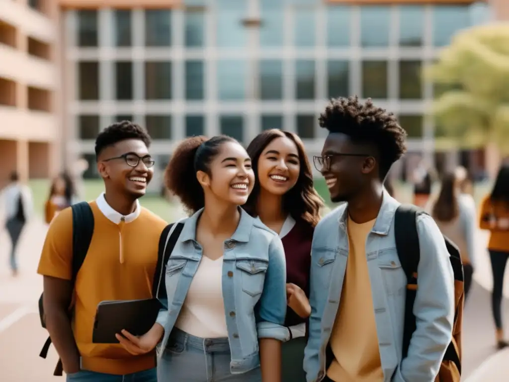 Comunidad estudiantil diversa y acogedora Estudiantes internacionales en un campus universitario, reflejando criterios para elegir universidad extranjera