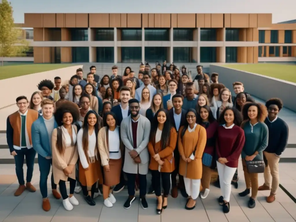 Estudiantes de todo el mundo en frente de una universidad moderna Estudiantes internacionales de diversas culturas frente a una universidad moderna; guía completa admisiones universitarias internacionales