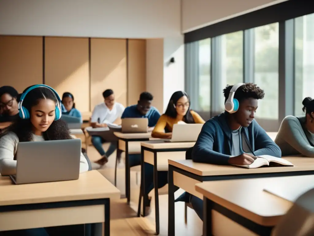 Estudiantes internacionales en aula contemporánea Estudiantes internacionales preparándose para exámenes universitarios