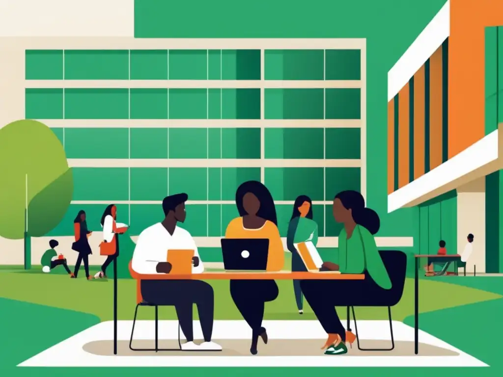 Estudiantes internacionales en un campus universitario moderno y vibrante Estudiantes internacionales estudian juntos en un campus universitario inclusivo y moderno
