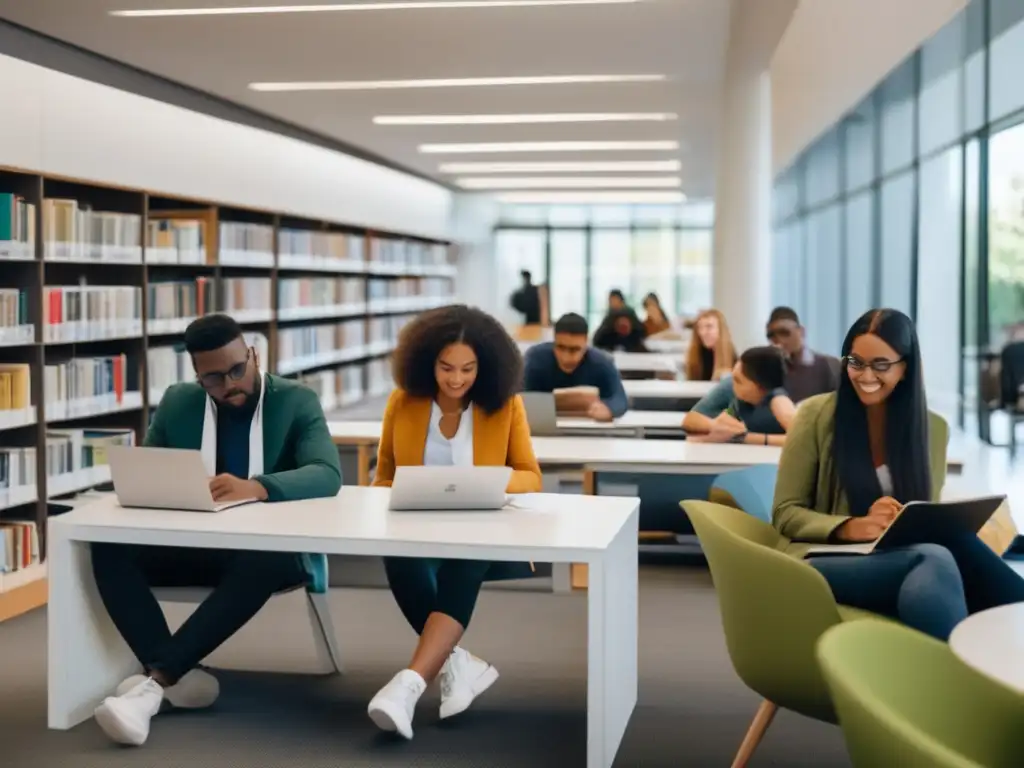 Estudiantes diversos estudiando juntos en una biblioteca moderna Estudiantes diversos estudian juntos en una biblioteca minimalista, mostrando oportunidades académicas y habilidades interculturales
