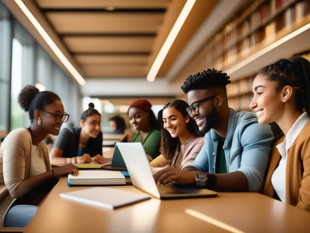 Estudiantes diversos estudian en biblioteca universitaria Estudiantes diversos estudian juntos en biblioteca universitaria con luz natural - Estrategias de admisión universitaria justas