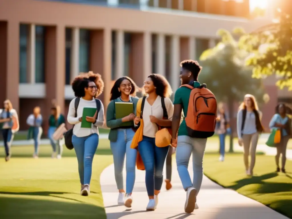 Estudiantes diversos caminando juntos en el campus universitario Estudiantes diversos caminando juntos en un campus universitario: Admisiones universitarias selectivas: Derecho a la educación y Universidad de Miami