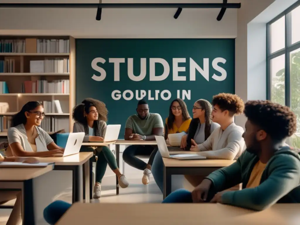 Estudiantes diversos en un espacio de estudio colaborativo Estudiantes diversos estudian juntos en un espacio moderno y minimalista