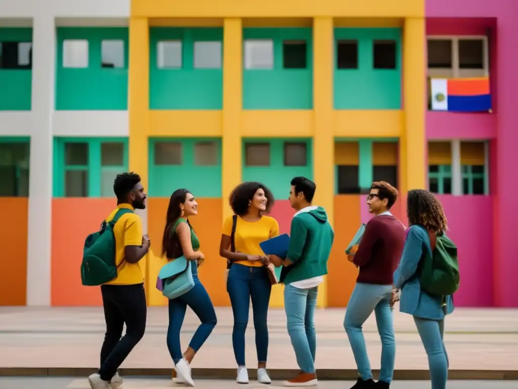 Estudiantes diversos en universidad Estudiantes de América Latina en conversación frente a la universidad, representando la diversidad y colaboración universitaria