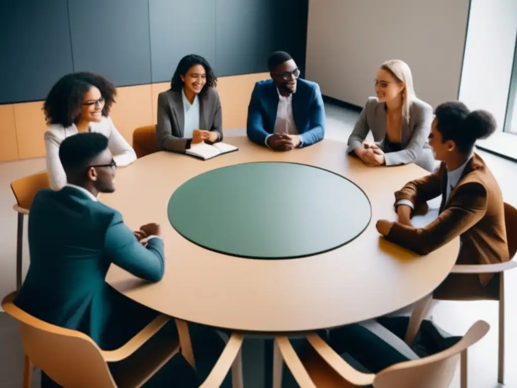 Estudiantes diversos en discusión universitaria Estudiantes diversos discutiendo en una mesa circular, destacando igualdad en admisiones universitarias