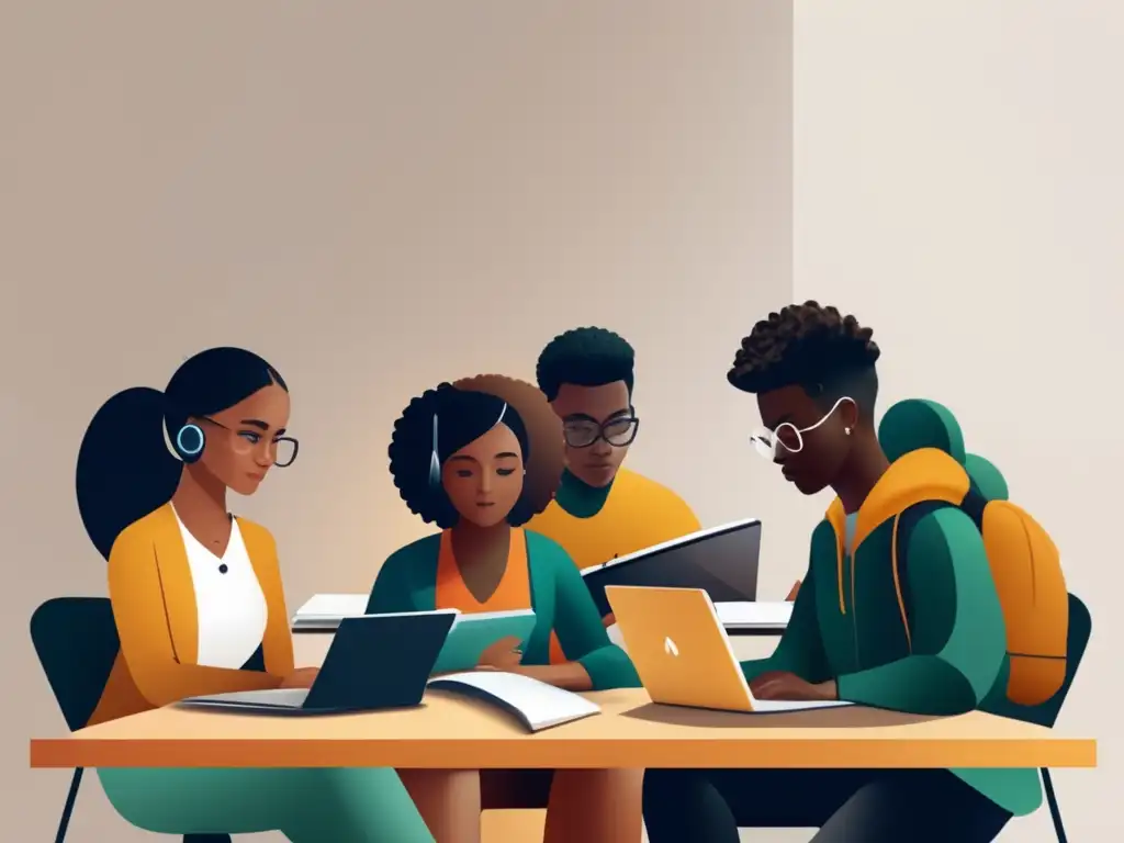 Estudiantes colaborando en estudio Estudiantes diversos estudian y colaboran en una mesa, simbolizando oportunidades de admisión universitaria para grupos subrepresentados