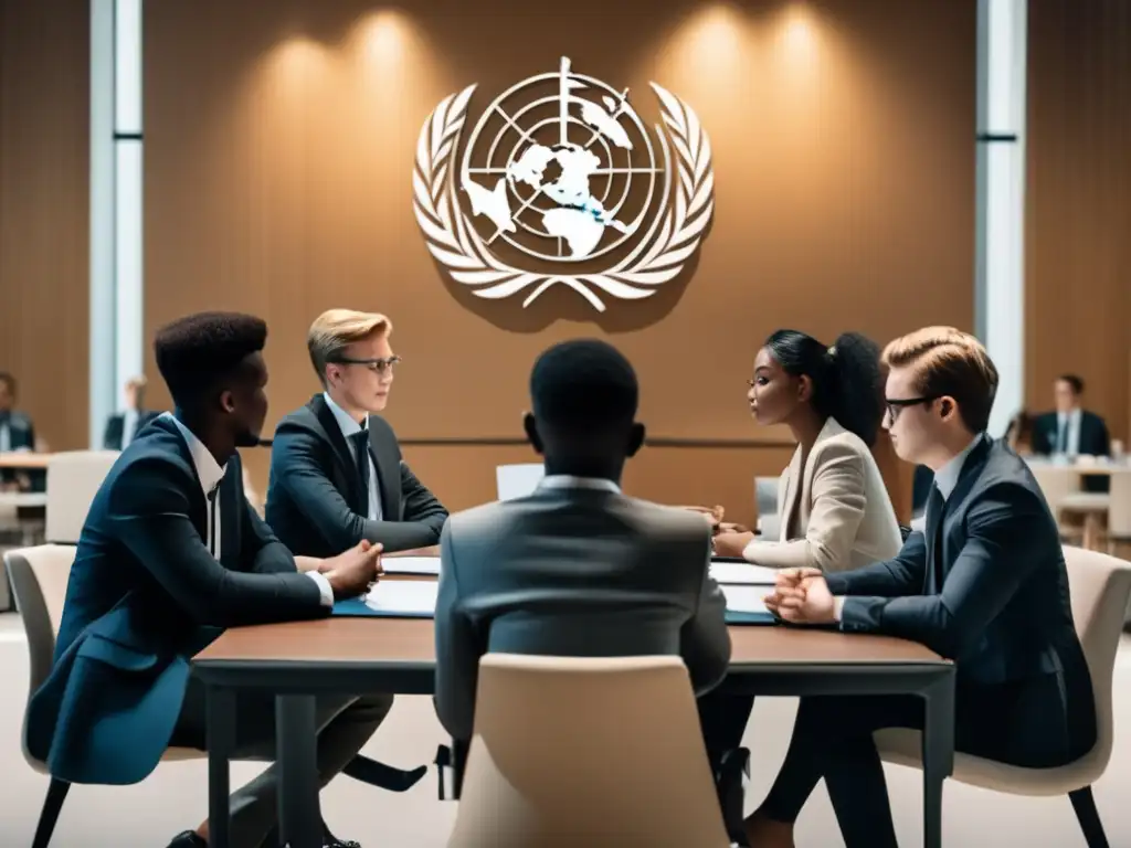Jóvenes estudiantes en debate ONU Estudiantes diversos debaten en un modelo de Naciones Unidas, enfocados en el proceso de admisiones universitarias