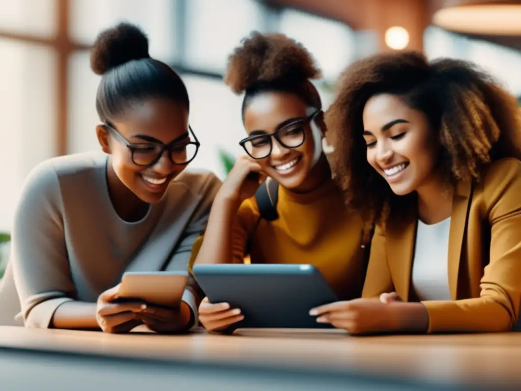 Estudiantes entusiasmados usando plataforma educativa moderna Diversos estudiantes explorando opciones de financiamiento educativo online