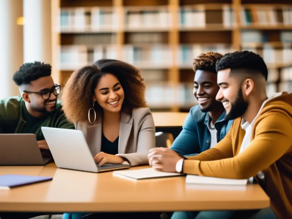 Unidad y diversidad en la biblioteca universitaria Estudiantes diversos colaborando y apoyándose en la universidad, sin discriminación por origen nacional