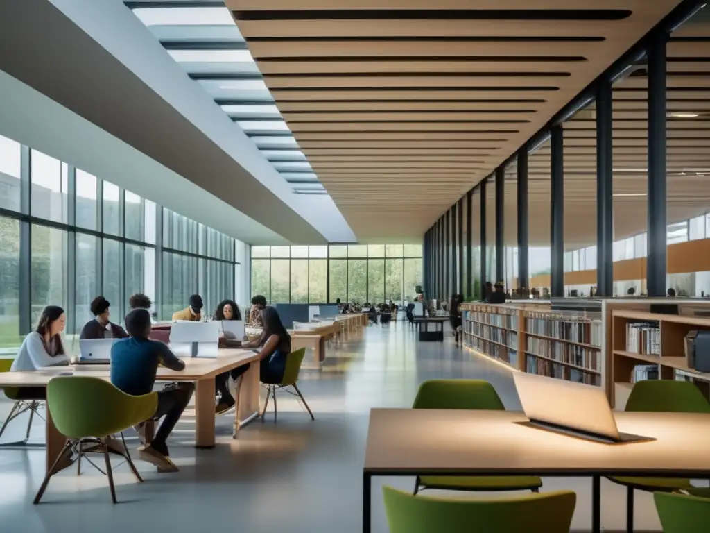 Unidad multicultural en biblioteca moderna Estudiantes de diferentes países estudian en una biblioteca universitaria moderna, reflejando la diversidad y el intercambio cultural