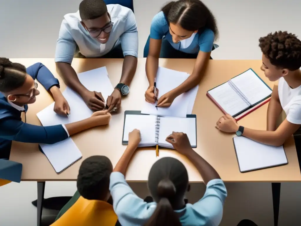 Estudiantes de secundaria trabajando en equipo Estudiantes de preparatoria colaborando en proyecto con diversidad y apoyo académico - Acción afirmativa universitaria primeras generaciones