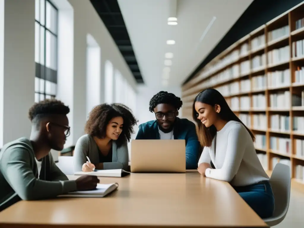 Estudio diverso en biblioteca moderna Estudiantes de diversas primeras generaciones en biblioteca universitaria - Acción afirmativa