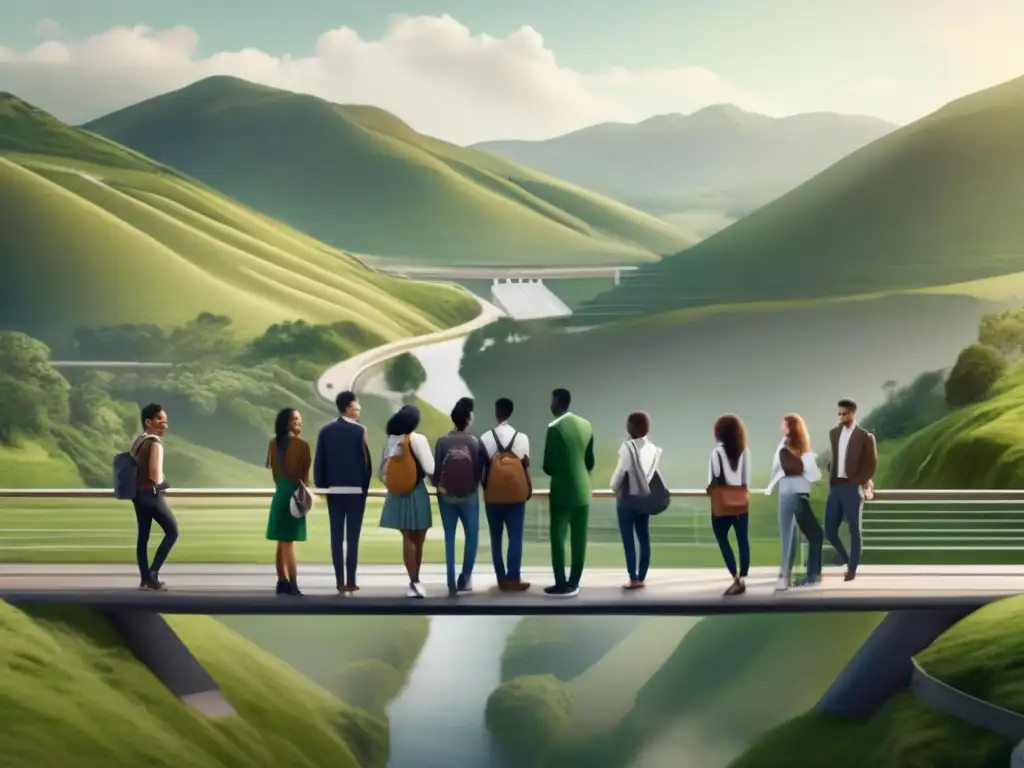 Estudiantes diversos cruzando puente verde Estudiantes diversos cruzando un puente hacia un futuro brillante - Programas de admisión universitaria