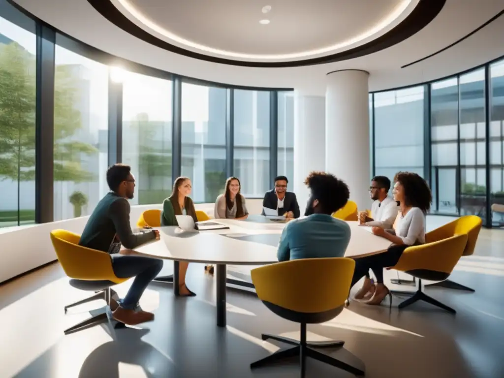 Estudiantes universitarios colaborando en aula moderna Estudiantes universitarios discuten y colaboran en un aula moderna y luminosa - Consejos para mejorar la inteligencia interpersonal universitaria