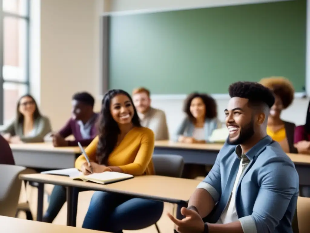 Estudiantes universitarios diversos en un aula moderna Estudiantes universitarios en aula moderna con acción afirmativa en admisiones (110 caracteres)