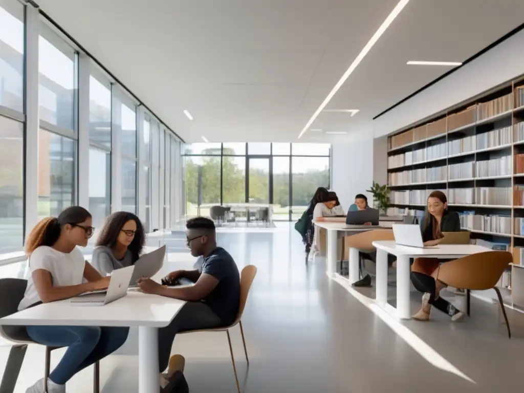 Estudiantes diversos estudian en biblioteca moderna Estudiantes universitarios colaborando en biblioteca moderna y minimalista