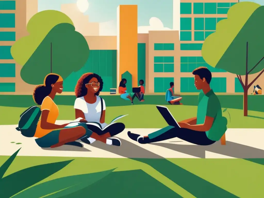 Estudiantes felices en universidad moderna Estudiantes universitarios en un campus animado, con opción 'Proceso de admisiones universitarias'