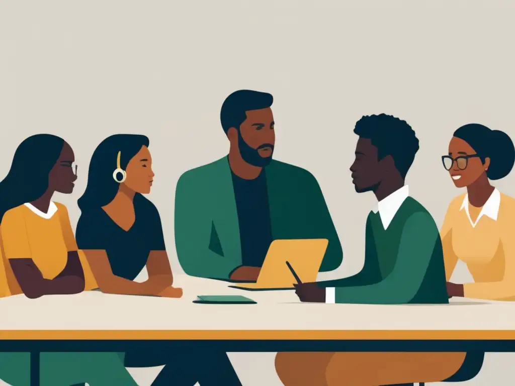 Grupo diverso de estudiantes universitarios discutiendo Estudiantes universitarios debatiendo derechos estudiantiles (110 caracteres)