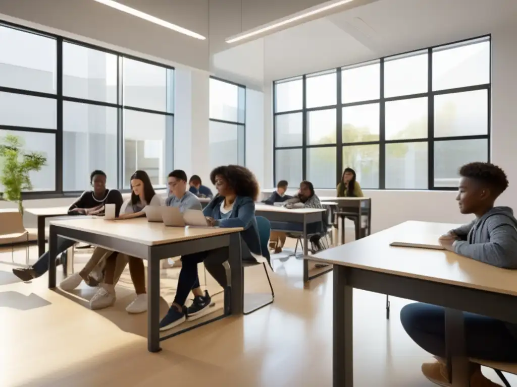 Estudiantes colaborando en aula moderna y luminosa Estudiantes universitarios superando desafíos de la brecha digital en aula minimalista