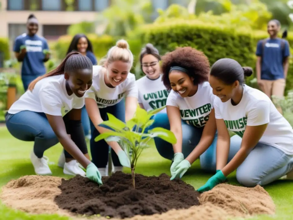 Estudiantes plantando árboles en proyecto de voluntariado Estudiantes universitarios diversas plantando árboles en proyecto de voluntariado, transmitiendo unidad y conservación ambiental