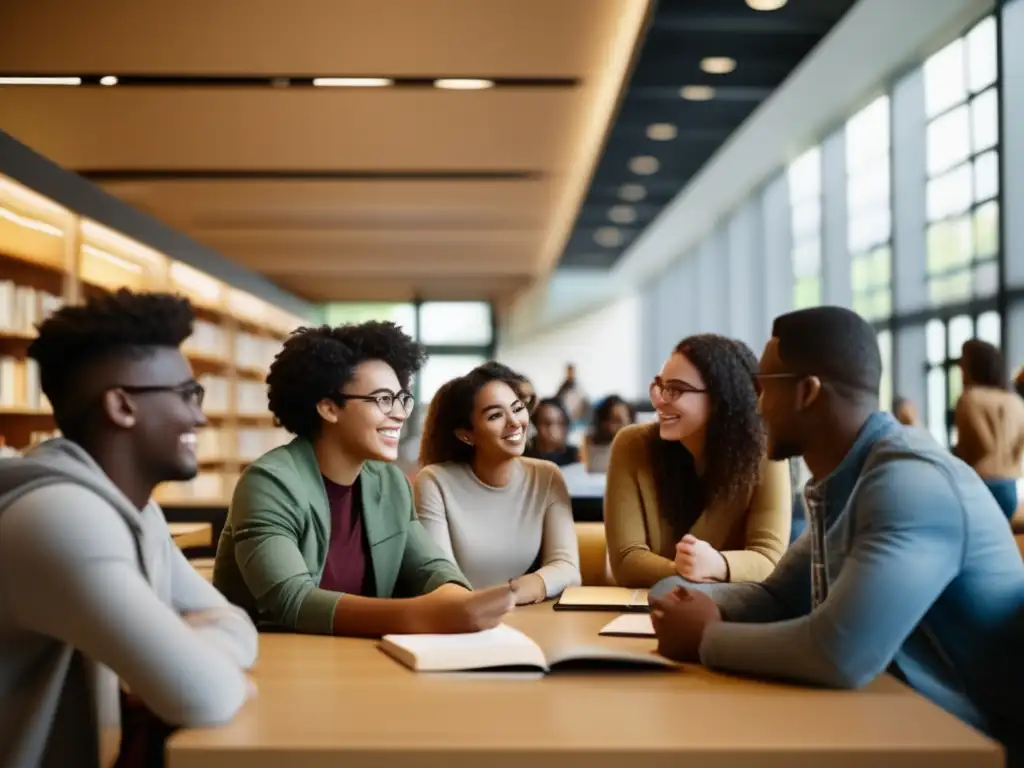 Estudiantes universitarios en biblioteca moderna y diversa Estudiantes universitarios diversidad, normas admisión universidades minorías