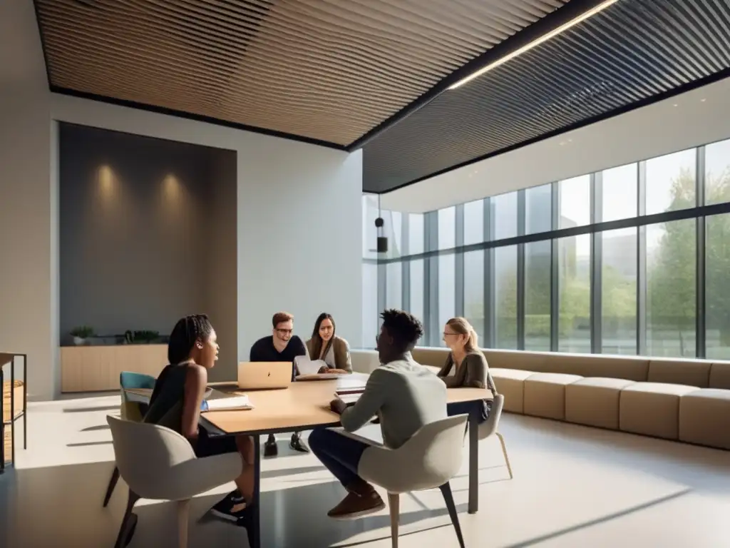 Estudio universitario moderno y minimalista con estudiantes diversos Estudiantes universitarios diversificados en un espacio de estudio moderno, discutiendo estrategias para reducir costos de admisiones universitarias