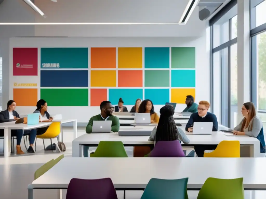 Estudiantes universitarios colaborando en un aula moderna y diversa Estudiantes universitarios diversos colaborando en un aula moderna y minimalista