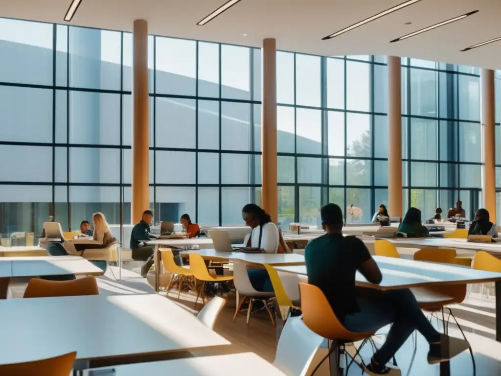 Estudiantes universitarios colaborando en biblioteca moderna Estudiantes universitarios diversos estudian en una biblioteca moderna y colaborativa