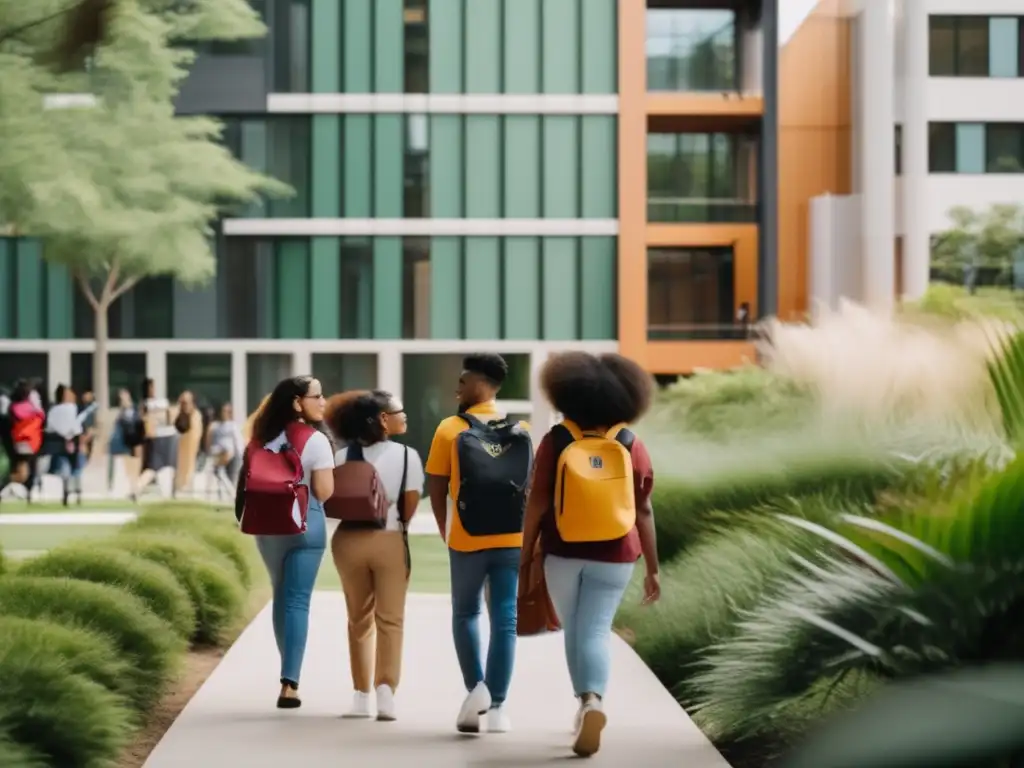 Estudiantes universitarios diversos caminando juntos en un campus moderno y minimalista Estudiantes universitarios diversos en un campus moderno rodeado de naturaleza, representando la Acción Afirmativa en admisiones universitarias
